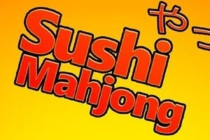 Teksten Sushi Mahjong i rød skrift på en gul bakgrunn, med japanske tegn i hjørnet