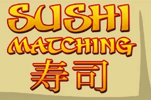 Tekst i oransje og rød som sier Sushi Matching med japanske tegn på en beige bakgrunn
