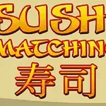 Tekst i oransje og rød som sier Sushi Matching med japanske tegn på en beige bakgrunn