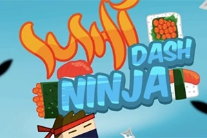 Fargerik illustrasjon med sushi, tekst og en ninjafigur på blå bakgrunn