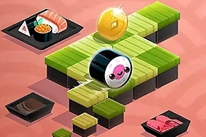 Søt sushi-rull med ansikt på en grønn og svart blokkplattform, omgitt av matbilder