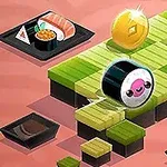 Søt sushi-rull med ansikt på en grønn og svart blokkplattform, omgitt av matbilder