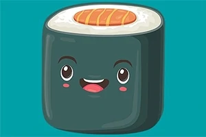 En tegneserie-avbildning av et sushistykke med ansikt, inkludert store øyne og et smil, med laks som topping mot en turkis bakgrunn