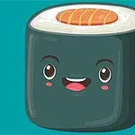En tegneserie-avbildning av et sushistykke med ansikt, inkludert store øyne og et smil, med laks som topping mot en turkis bakgrunn