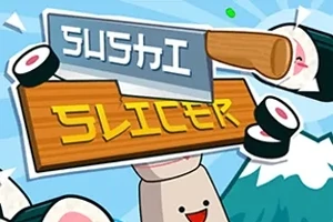 En tegnet illustrasjon med skiver av sushi og en kniv som svever over teksten Sushi Slicer
