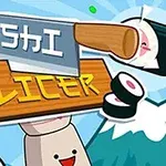 En tegnet illustrasjon med skiver av sushi og en kniv som svever over teksten Sushi Slicer