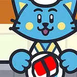 En tegnet blå katt med et hvitt forkle holder en tallerken med sushi
