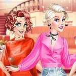 Tre animerte kvinner med stilige frisyrer og fargerike klær poserer smilende i en elegant stue