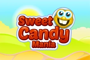 Fargerik grafikk med teksten Sweet Candy Mania og en smilende gul symbolfigur mot en solfylt bakgrunn