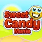 Fargerik grafikk med teksten Sweet Candy Mania og en smilende gul symbolfigur mot en solfylt bakgrunn