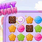 Fargerikt brettspill med godteribrikker i ulike former og farger, med teksten Sweet Crush øverst