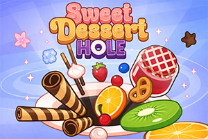 Fargerik illustrasjon med teksten «Sweet Dessert Hole» over kjeksruller, donuts, jordbær, appelsinskive, kiwi og andre søtsaker på en lys blå bakgrunn