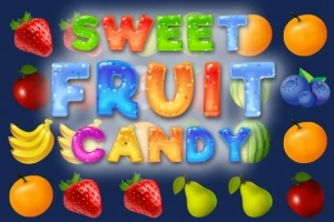 Fargerik tekst med ordet Sweet Fruit Candy omgitt av illustrasjoner av frukt som jordbær, appelsiner, blåbær, bananer, pærer og epler på en mørk bakgrunn