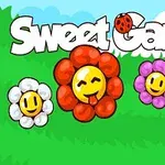Tegneseriekarakterer av fargerike blomster med ansiktsuttrykk foran teksten Sweet Garden med en marihøne på toppen