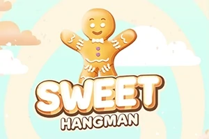 En pepperkakemann med glasurdetaljer står over teksten SWEET HANGMAN mot en himmel med skyer og en pastellfarget bakgrunn