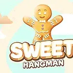 En pepperkakemann med glasurdetaljer står over teksten SWEET HANGMAN mot en himmel med skyer og en pastellfarget bakgrunn