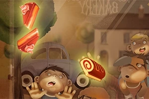 Sweet Slice Barn som ser fascinert på flytende kakestykker foran et hus og en bil