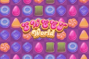 Fargerike godteriikoner i et mønster med teksten Sweet World i midten på en lilla bakgrunn