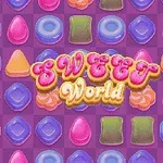 Fargerike godteriikoner i et mønster med teksten Sweet World i midten på en lilla bakgrunn