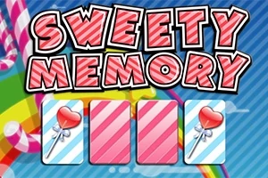 Teksten Sweety Memory står over tre kort med stripete bakgrunner og bilder av hjerteformede kjærligheter, på en fargerik bakgrunn