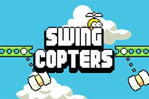 Tegnet figur med propellerhatt svever over teksten SWING COPTERS mot en blå himmel med skyer