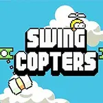 Tegnet figur med propellerhatt svever over teksten SWING COPTERS mot en blå himmel med skyer