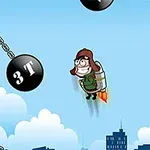 En tegnet figur med jetpack flyr mellom to bygninger med rivningskuler i bakgrunnen