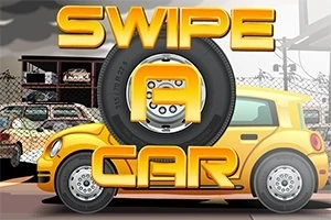 Gul bil med dekk og teksten Swipe a Car i et bymiljø