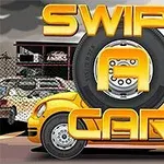 Gul bil med dekk og teksten Swipe a Car i et bymiljø