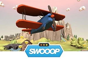 Et blått og rødt propellfly flyr over et landskap med fjell, skyer og elv, med teksten Swooop under
