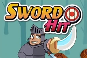 En tegneserieridder i rustning holder et sverd med teksten Sword Hit i bakgrunnen