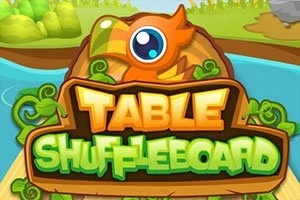 Illustrasjon med fargerik tekst: TABLE Shuffleboard dekorert med et tegneserie-stil fuglehode og blader, satt foran en naturlandskap med vann og trær