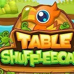 Illustrasjon med fargerik tekst: TABLE Shuffleboard dekorert med et tegneserie-stil fuglehode og blader, satt foran en naturlandskap med vann og trær