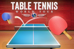 To bordtennisracketer, en blå og en rød, svever over et bordtennisbord med en ball i bevegelse mot et bakteppe av en rød vegg