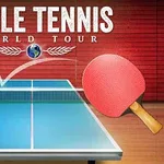 To bordtennisracketer, en blå og en rød, svever over et bordtennisbord med en ball i bevegelse mot et bakteppe av en rød vegg