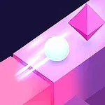 Glødende hvit kule ruller langs en smal, rosa plattform med en rosa pyramide i nærheten