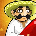 En tegnet mann med bart og sombrero holder en stor rød chilipepper mot en lys bakgrunn