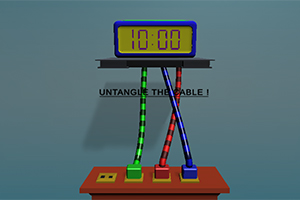 Digital klokke med nedtelling, tre fargerike ledninger og teksten UNTANGLE THE CABLE!