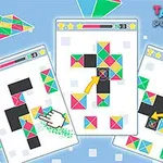 Tre mobilskjermbilder viser et puslespill med fargerike geometriske figurer mot en blå bakgrunn