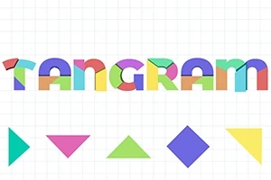 Fargerik tekst TANGRAM skrevet med bokstaver laget av geometriske former, med en rekke trekantede og firkantede former under