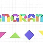 Fargerik tekst TANGRAM skrevet med bokstaver laget av geometriske former, med en rekke trekantede og firkantede former under