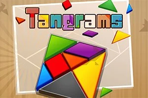 Fargerike geometriske former og teksten Tangrams på en treteksturert bakgrunn