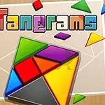Fargerike geometriske former og teksten Tangrams på en treteksturert bakgrunn