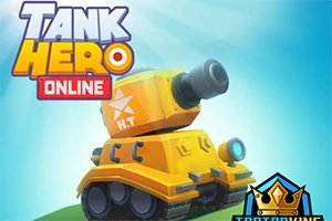 Gul animert robot-tank med kanon på lyseblå bakgrunn