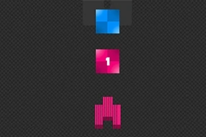 En blå firkant, en rosa firkant med nummeret 1, og en rosa pikselert form arrangert loddrett på et mørkt rutete bakgrunn