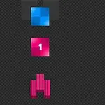 En blå firkant, en rosa firkant med nummeret 1, og en rosa pikselert form arrangert loddrett på et mørkt rutete bakgrunn
