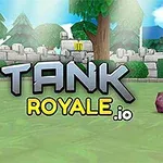 En rosa tegneserietank står på et grønt felt foran en steinmur med påskriften Tank Royale