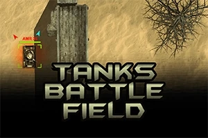 Tankslagmark med en tank, et tørt tre og teksten Tanks Battle Field