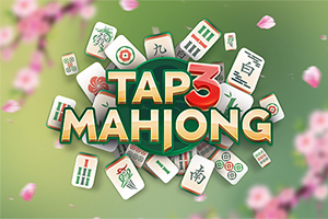 Teksten Tap 3 Mahjong vises i midten med mahjong-brikker og blomster i bakgrunnen