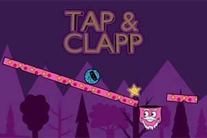 Et spillscenebilde med ordene Tap & Clapp over plattformer, en blå kule, stjerne og en rosa firkant med ansikt, mot en lilla skogbakgrunn